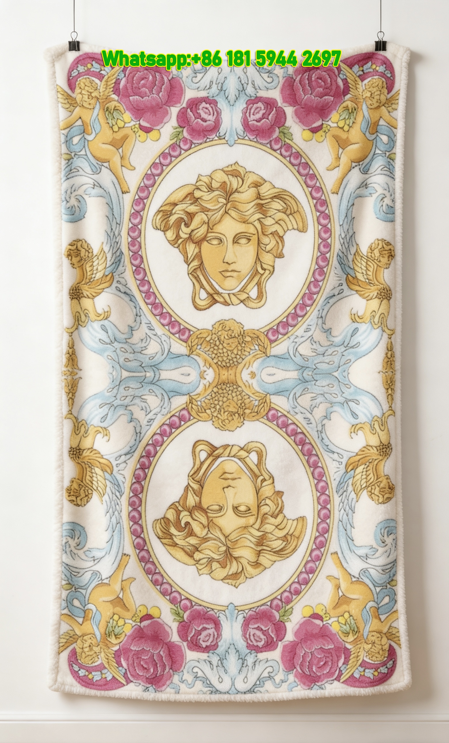 Versace White Base Pink Gold and Light Blue Medusa Floral Flannel Throw Blanket IMG_1489